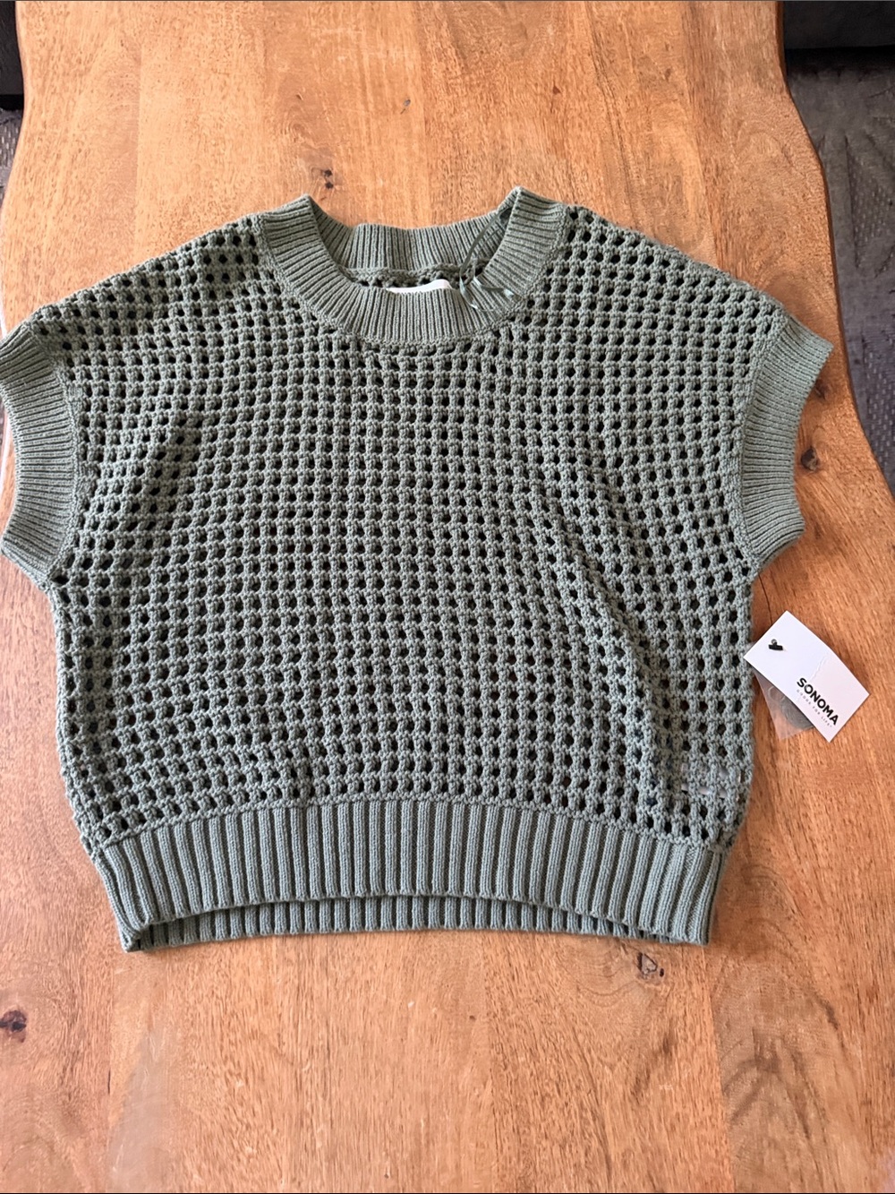 Sonoma Olive Green Cropped Knit Open-Weave Top
